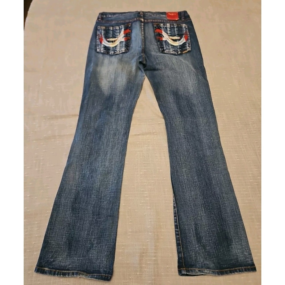 Pepe Jeans London 34 Women Blue Denim Bootcut Red Embroidered Y2K Western Boho